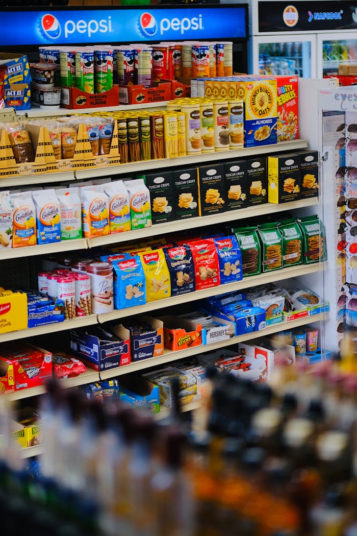 A vibrant display of snacks and beverages on shelves in a store, showcasing variety and abundance.